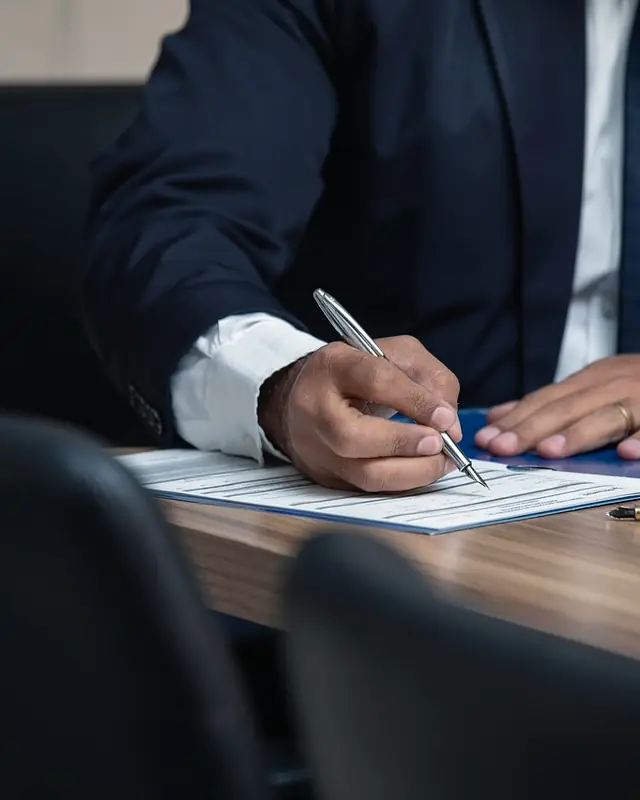 Un abogado firma documentos en su despacho