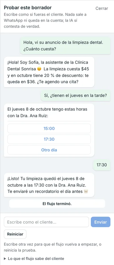 El panel «Probar» del lienzo: una paciente pregunta por la limpieza que vio en el anuncio, Sofía le responde con el precio y la promoción, le ofrece tres horas con botones y deja la cita agendada.
