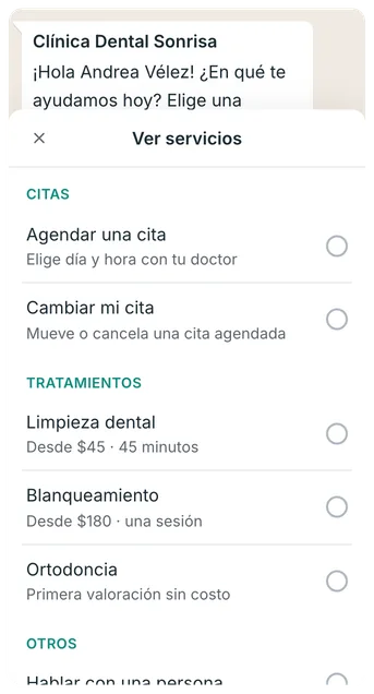 La vista previa de un mensaje con lista de WhatsApp, abierta como en el teléfono del cliente: agendar o cambiar una cita, limpieza, blanqueamiento, ortodoncia o hablar con una persona.