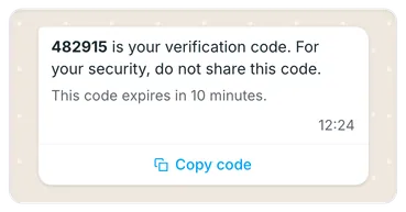 A WhatsApp authentication template: the verification code 482915, the advice not to share it, when it expires and the button to copy the code.