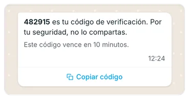 Una plantilla de autenticación de WhatsApp: el código de verificación 482915, el aviso de no compartirlo, cuándo vence y el botón para copiar el código.